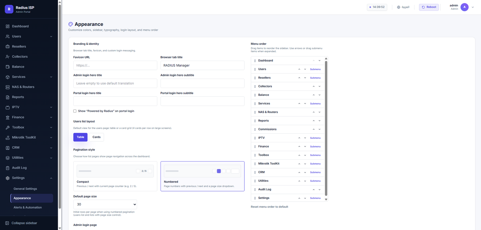 Appearance and branding settings